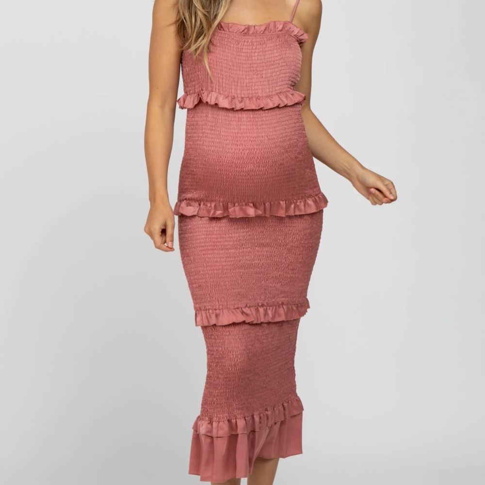 Mauve Satin Smocked Fitted Maternity Midi Dress